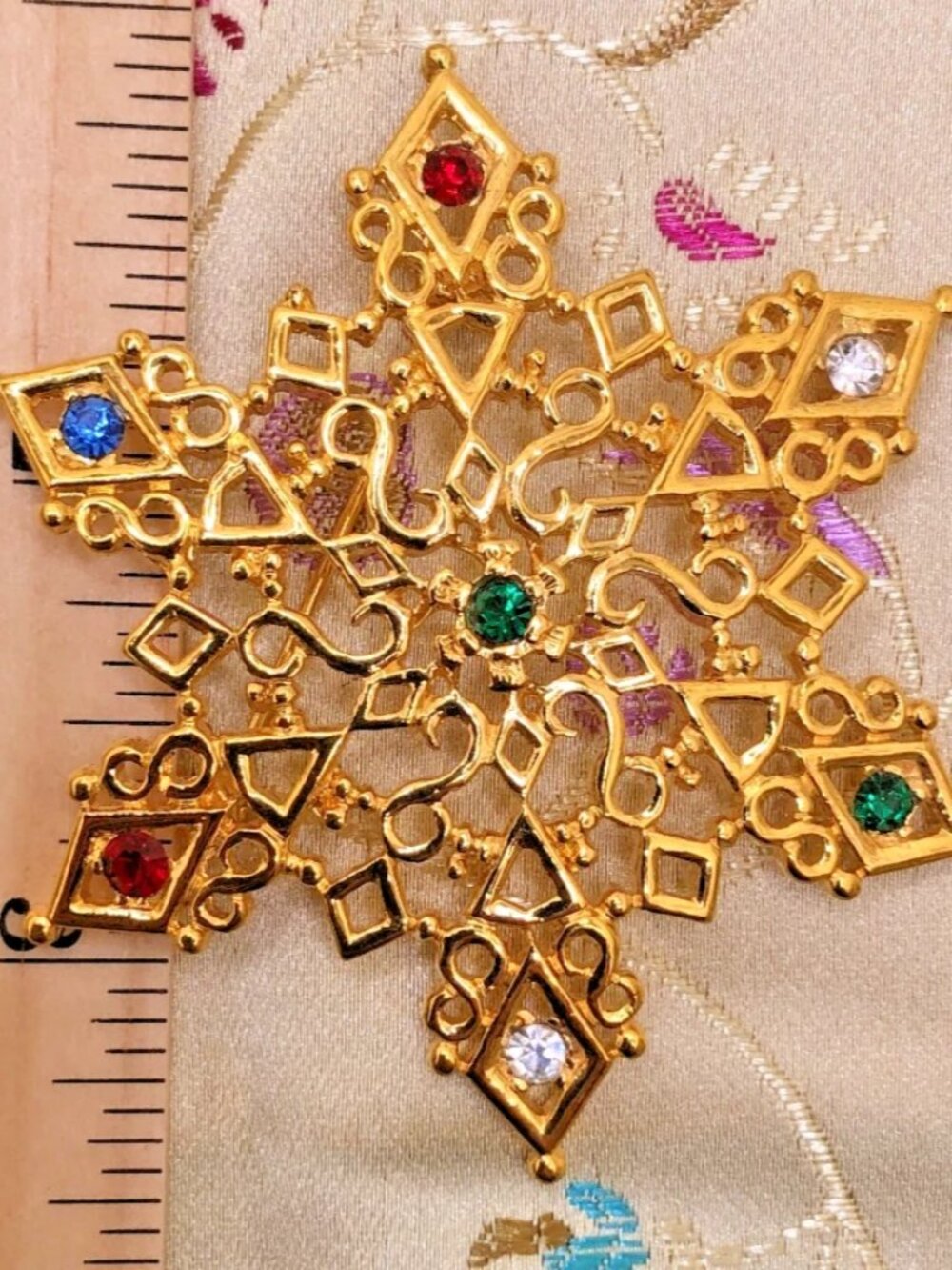 Vintage Unsigned Snowflake brooch, multicolored gold-tone, winter, Christmas,